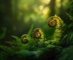 Curled fern fronds in lush green forest light photo