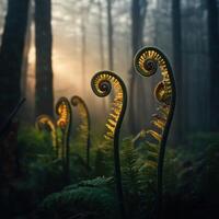 Elegant fern fonds in misty forest light photo