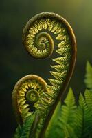 Intricate fern fonds spiraling in lush green photo