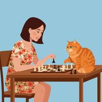 Woman Playing Chess with Her Cat in Relaxed Home Setting vector
