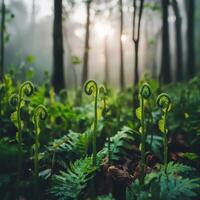 Emerging ferns in a misty forest setting photo