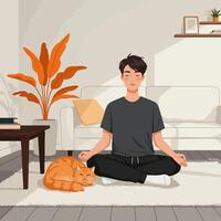 Man Meditating Indoors with Cat in Comfortable Relaxing Home Setting vector