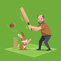 Man and Rabbit Playing Cricket in Green Field Illustration vector