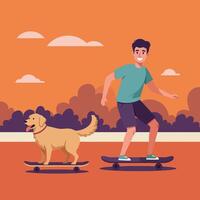Man and Dog Skateboarding Together at Park on a Sunny Day vector