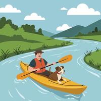 Man Kayaking with Dog on River Surrounded by Nature Illustration vector