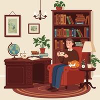 Relaxing at Home Man Enjoying Tea with Cat and Books vector
