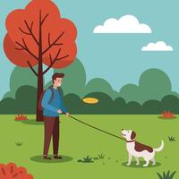 Man Throwing Frisbee for Dog in Autumn Park Scene vector