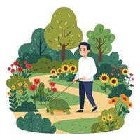 Man Walking Turtle on Path in Garden with Flowers and Trees vector