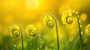 Beautiful ferns with dew in golden sunlight photo