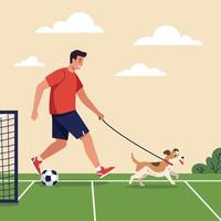 Man Walking Dog on Field with Soccer Ball and Goal vector