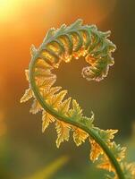 Fern frond unfurling in golden sunlight photo
