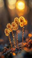 Golden ferns glowing in evening sunlight photo