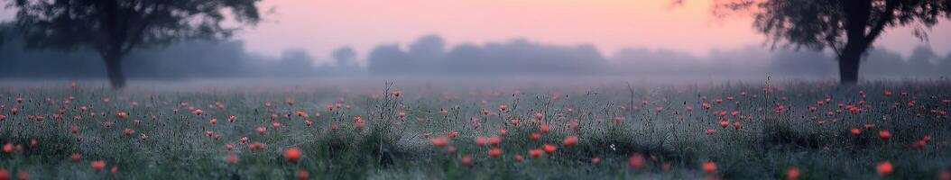Wildflower meadow at dawn with soft sunlight photo