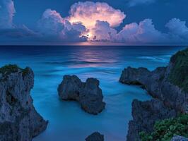 Dusk coastal scene with dramatic clouds photo