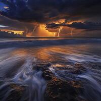 Powerful coastal storm at sunset photo