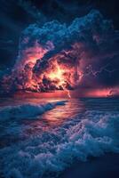 A stormy sunset over the ocean with a lightning bolt photo