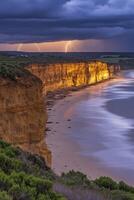 Lightning lights up coastal cliffs at dusk photo