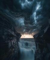 A stormy sky with lightning and water flowing through it photo