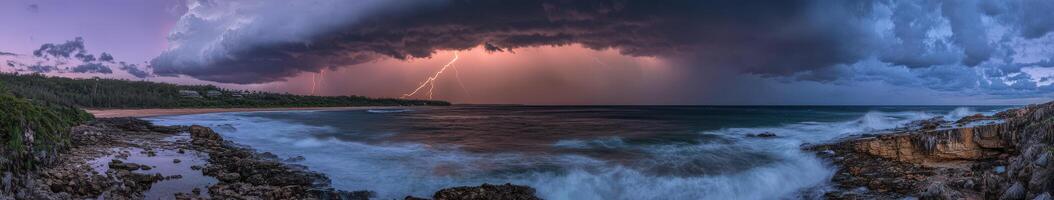 Stormy coastal landscape with lightning photo
