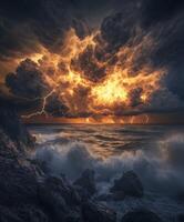 A stormy sky over the ocean with lightning photo