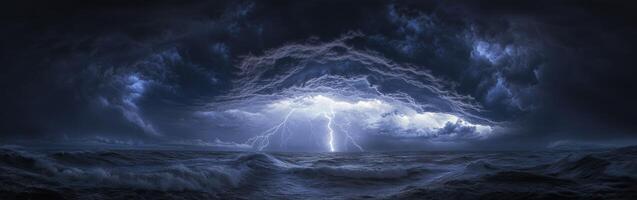 A stormy night sky with lightning coming out of the ocean photo