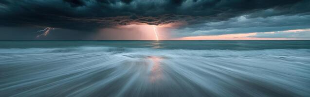A stormy sky and lightning bolt over the ocean photo