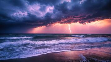A stormy sky with lightning and waves on the beach photo