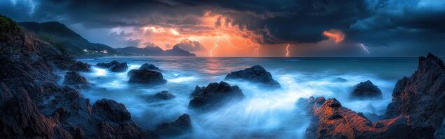 A stormy sky over the ocean with lightning and rocks photo