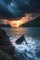 Coastal storm with lightning photo
