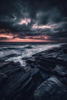 Moody coastal landscape with dramatic skies photo