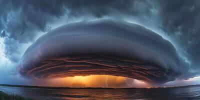 Dramatic coastal storm with lightning display photo