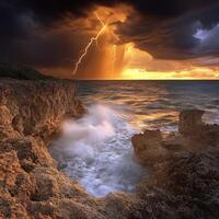 A lightning bolt strikes through the clouds over the ocean photo