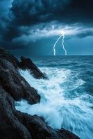 Stormy coastal landscape with crashing waves photo