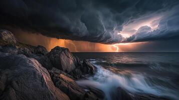 A stormy sky and lightning strike over the ocean photo