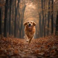 Joyful golden retriever in autumn photo