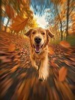 Golden retriever runs in autumn leaves photo