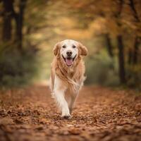 Golden retriever exploring a forest path photo