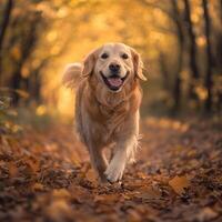 Golden retriever running through the woods photo