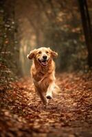Golden retriever trots in autumn leaves photo