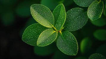 Dew-covered green leaves in natural setting photo