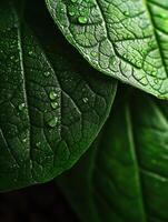 Dew drops glisten on green leaves in nature photo