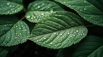 Raindrops glisten on green leaves in nature photo