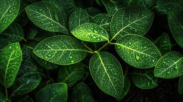 Droplets adorn green leaves in lush greenery photo