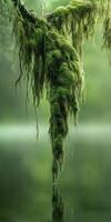 Moss-covered branch hangs over tranquil water photo