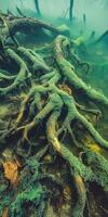 A tree trunk in the water with moss photo