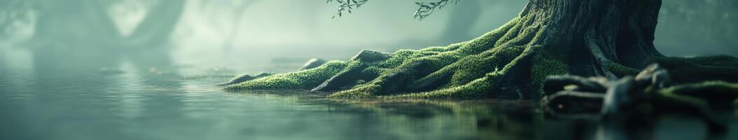 Mossy tree roots by calm water at dawn photo