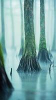 Foggy swamp with moss-covered tree trunks photo