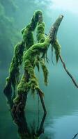 Lush green moss-covered branches in water photo