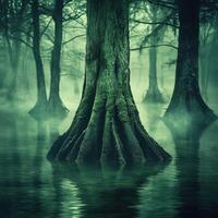 Foggy cypress trees in swamp photo