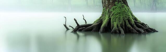 Moss-covered tree roots rise from calm water photo
